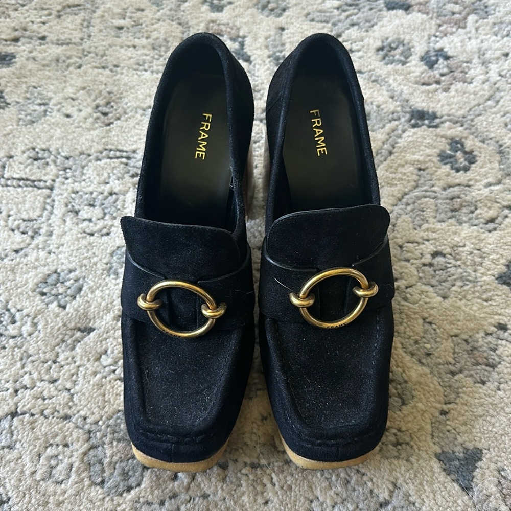 Frame Le Benedict Loafers Black Suede Block Heel Women's Size 38.5 EU/ 8 US EUC